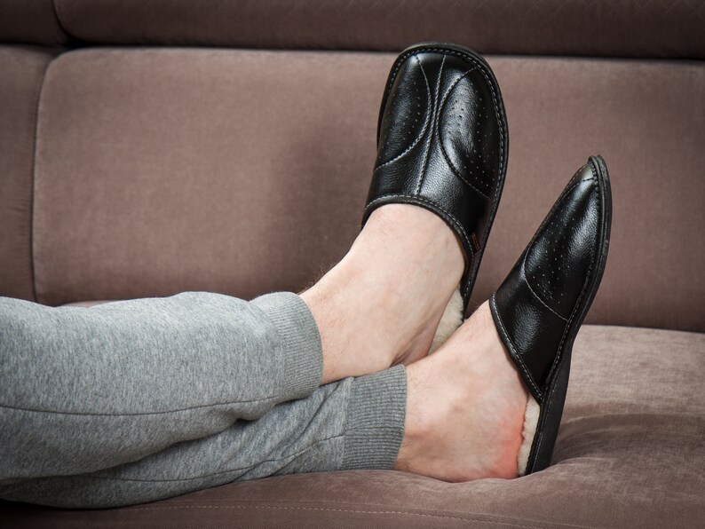 mens black leather slip on slippers