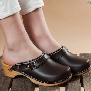 Swedish Black Leather Clogs, Low Heel Wood Clogs, Women Handmade Moccasins Clogs, Handmade Clogs, Women Clogs Mules Shoes, Clogs Boots Brown