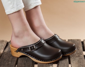 Swedish Black Leather Clogs, Low Heel Wood Clogs, Women Handmade Moccasins Clogs, Handmade Clogs, Women Clogs Mules Shoes, Clogs Boots