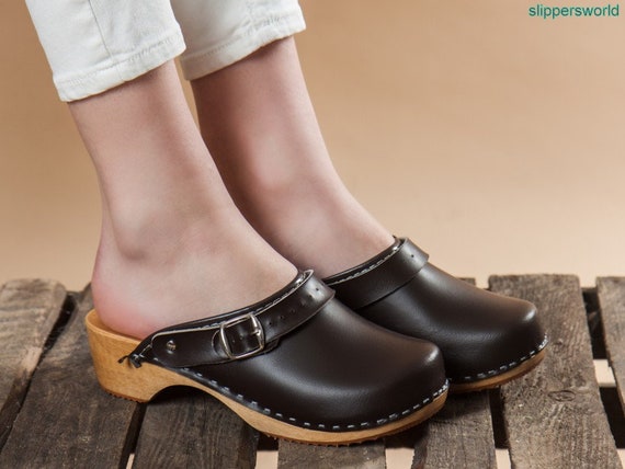 Leather Black Brown Sandals Heel Sandals With Studs Wooden Shoes Swedish  Clogs Handmade Clogs Sandals High Heel Wood Clog Open Toe Shoes 