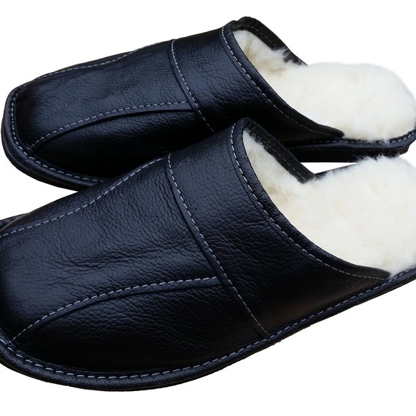 Black Leather Slippers for Men, Handmade Winter Slippers with Sheep Wool, Comfort House Shoes, Fur Slippers, Memory Foam Soft Sole