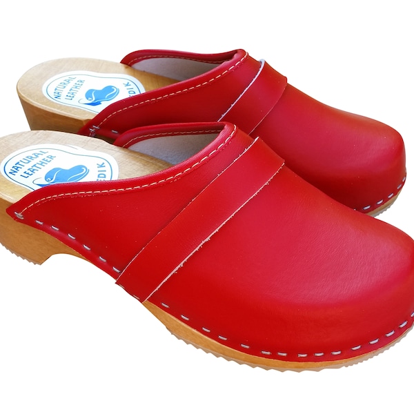 Swedish Red Leather Clogs, Handmade Low Heel Wood Clogs, Women Clogs Slippers Shoes, Clogs Boots, Closed Mules Shoes, Moccasins Clogs