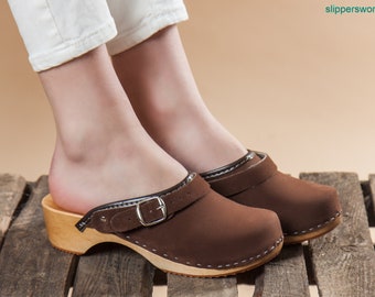 Swedish Brown Leather Women Clogs, Low Heel Wooden Clogs Sandals l Clogs Moccasins Shoes, Clogs Boots, Clogs and Mules, Gift for Her