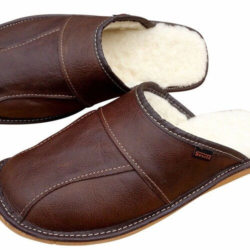 Leather Fur Slippers for Men | Winter Mules Slippers | Handmade Slippers | Warm and Comfortable House Shoes | Indoor Slippers | Gift for Him