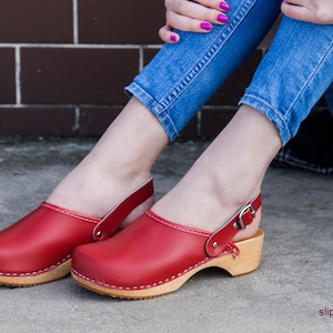 Swedish Red Leather Classic Clogs Handmade Wooden Low Heel - Etsy