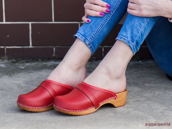 Red Leather Swedish Clogs Sandal Clogs Women Wooden Clogs | Etsy