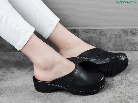 Swedish Classic Black Leather Clogs | Women Low Heel Clogs | Handmade Wooden Moccasins Clogs | Slip on Clogs Boots | Clogs and Mules Gift