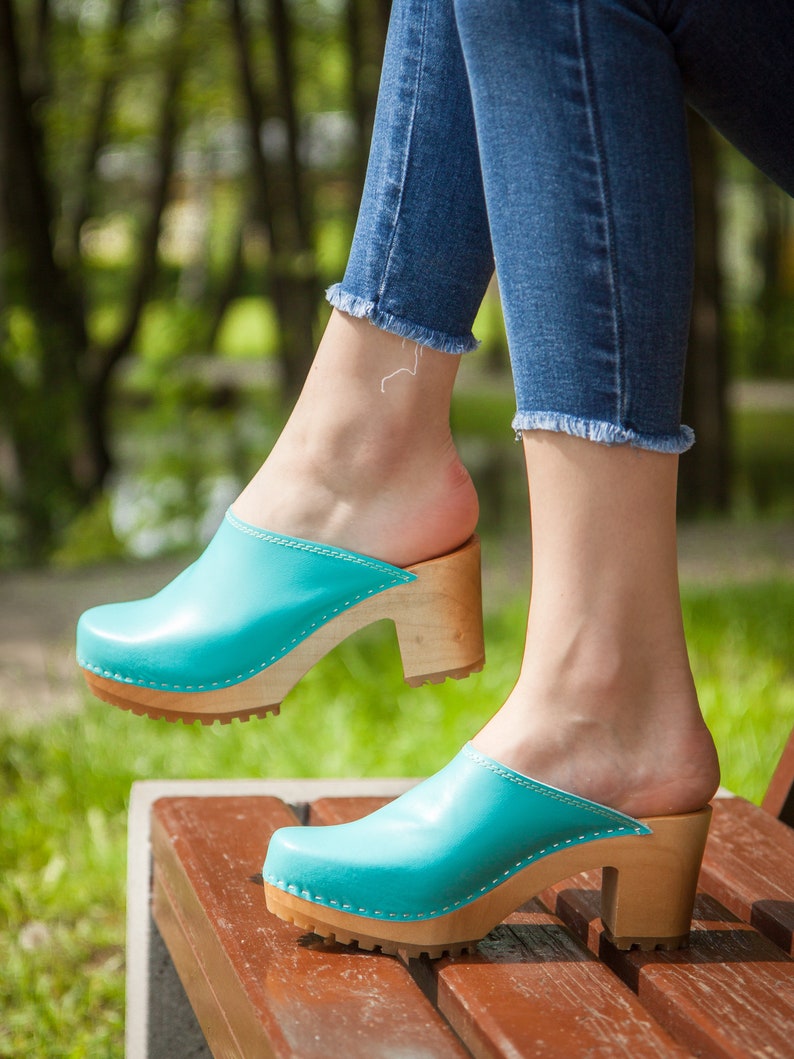 Bright turquoise wooden clogs for women Womens wood clog Etsy