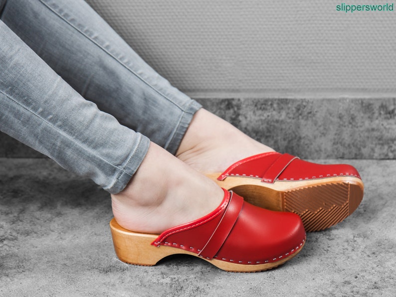 red heel clogs