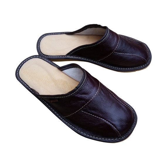 Dark Brown Leather Mens Slippers Warm Winter House Slippers For Men Men S House Shoes Slip On Slippers Leather Slip In Home Shoes Men