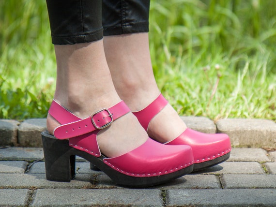 behang Donder Oppervlakkig Zweedse roze lederen klompen hoge hak vrouwen sandalen - Etsy België