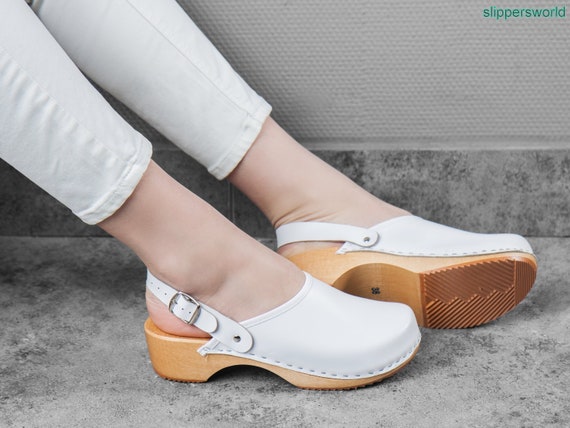 Swedish Wooden Clogs For Women White Leather - Wood And Leather Swedish Clogs Swedish Wooden Clogs For Women White Leather - Wood And Leather Swedish Clogs