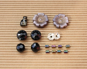 Designer Black Violet Bead Bundle Czech Glass Hibiscus Black Cat Crystal Soup Mix Match DIY Loose Jewelry