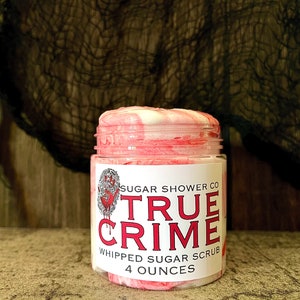 True Crime Foaming Sugar Scrub - Strawberry, Pomegranate, Vanilla Scented - Whipped Soap - Sugar Scrub - Body Wash - Horror Soap - Halloween