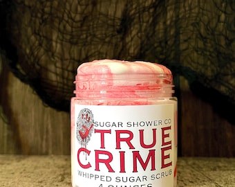 True Crime Foaming Sugar Scrub - Strawberry, Pomegranate, Vanilla Scented - Whipped Soap - Sugar Scrub - Body Wash - Horror Soap - Halloween