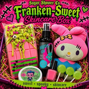 May include: A gift box containing a pink chocolate bar with green icing, a 4 oz bottle of Bride of room and body spray, a container of Franken-Slime, a pink nail polish, a plush rabbit character, and three green lollipops on sticks.