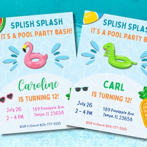 May include: Two blue and white pool party invitations with a flamingo and a dinosaur on each. The text on the invitations reads "Splish Splash It's a Pool Party Bash!" and includes the names "Caroline" and "Carl" with the age "12".