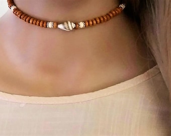 Wood Beaded Choker/Boho Choker/Beach Jewelry/Shell Choker/Surfer Necklace/Choker Necklace for Women/Girls/Simple Choker/Minimalist Choker