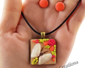Natural shell butterfly necklace for women/floral themed polymer clay jewelry/butterfly wings pendant necklace/Boho style- Clay jewelry Etsy