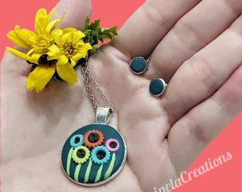 Floral polymer clay jewelry set handmade sunflowers pendant necklace and stud earrings botanical Clay necklace boho clay jewelry Etsy
