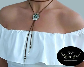 Turquoise gemstone bolo tie necklace for women western gifts unique string tie wrap around neck suede bolos handmade modern bolo ties Etsy