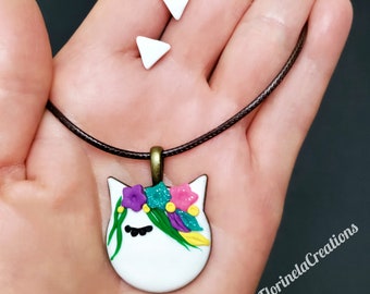 Lovely Cat Jewelry Set/Teen Girls Jewelry Gift/Polymer Clay Animal Jewelry/Cute Cat Face Bronze Cabochon Pendant Necklace for Young Girls