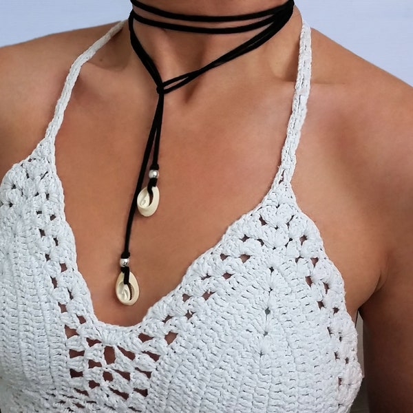 Wrap Necklace, Leather Wrap Necklace, Wrap Choker, Cowrie Shell Necklace, Hippie, Boho Jewelry, Layering Necklace, Women Jewelry Gift