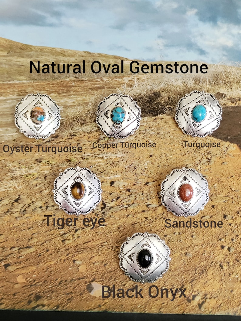 Western conchos supply, features ancient silver metal Aztec style oval, round slider flower Conchos with marquise, oval shape gemstone decoration. Turquoise, copper oyster turquoise, sandstone, tiger eyes, malachite and more gemstones are available