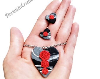 Collier coeur de roses style bohème Femme Accessoires Ensemble de bijoux fait main en argile polymère Chaîne en acier inoxydable Collier de roses rouges Collier coeur