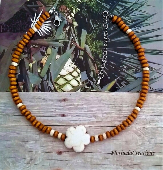 Wood Beaded Choker Boho Bohemian Necklace Flower Hawaiian Jewelry