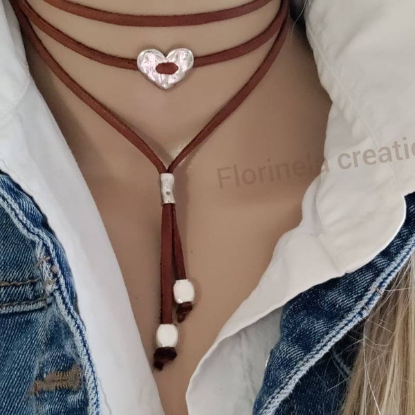 Boho Heart Choker Hammered Metal Heart Choker Necklace for Women/Teen Girls Bohemian Jewelry Multi-Layer Choker Handmade Unique Gift for Her