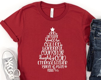 Son nom sera le prince de la paix T-shirt | Chemise de Noël | Esaïe 9:6 | Chemise chrétienne de Noël | Arbre de Noël | T-shirts graphiques pour femmes