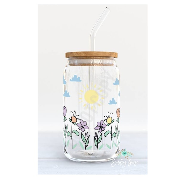 Spring Flowers Glass Tumbler, Floral Cup, Cold Coffee Tumbler, Iced Coffee Cup, Glass Beer Can, Mothers Day Gift, Teacher Gift