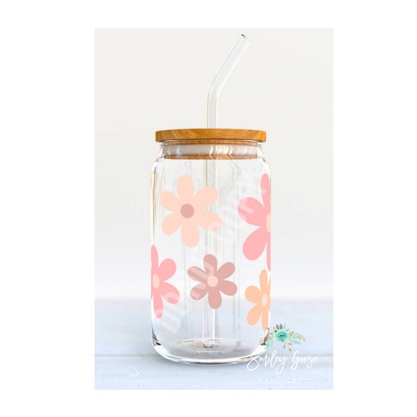 Daisy Glass Tumbler, Cold Coffee Tumbler, Iced Coffee Cup, Daisies, Spring Floral Cup, Glass Beer Can, Mothers Day Gift, Teacher Gift