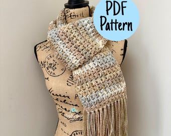 CROCHET SCARF PATTERN: Roscoe Scarf, Easy Crochet Scarf Pattern, Long Crochet Scarf with Fringe, Easy Crochet Pattern, Scarf Pattern