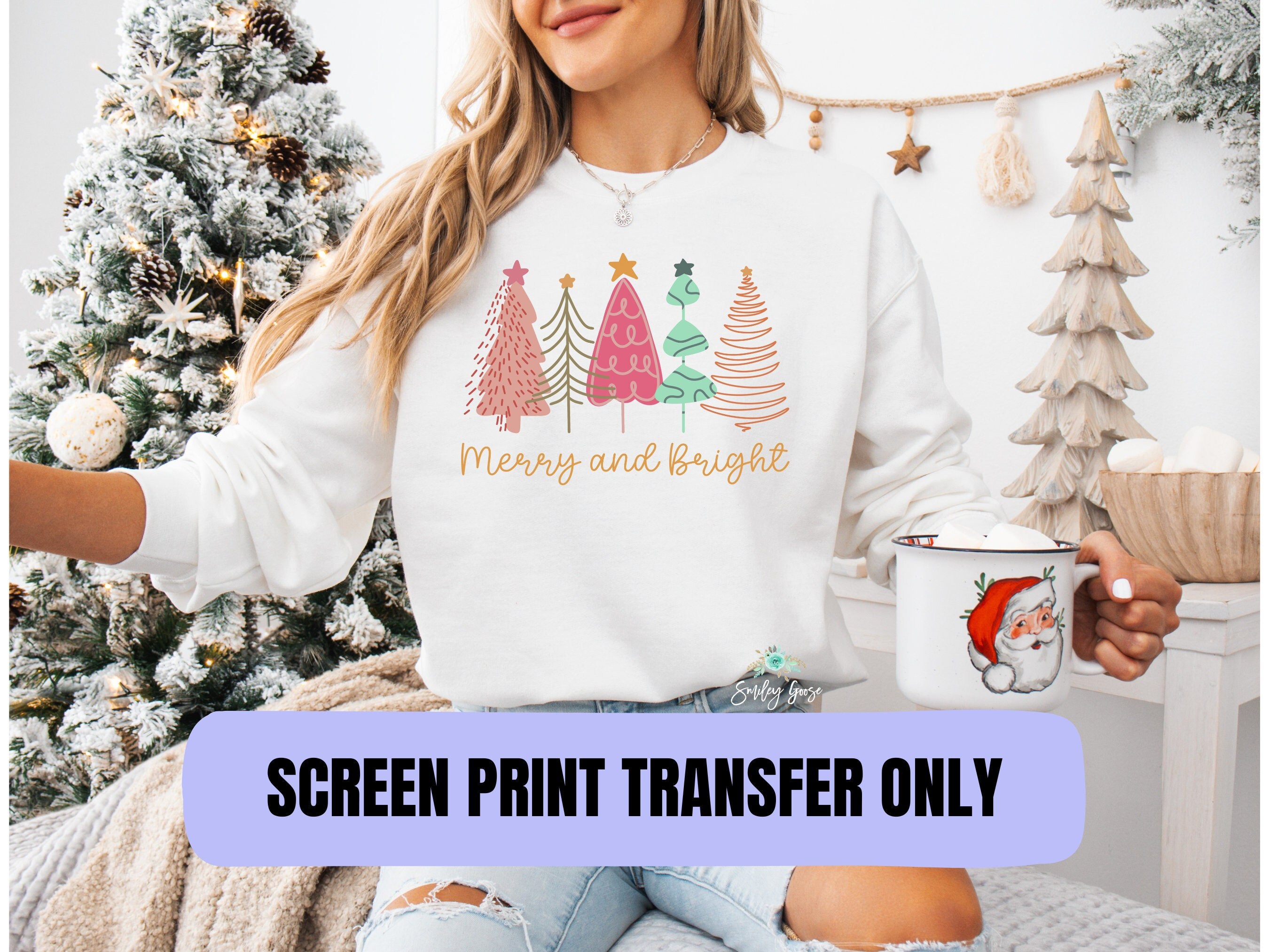 Merry and Bright, Retro Christmas, Christmas Trees, Ready to Press, Heat Transfer, T-Shirt Transfer, Screen Print Transfer, Full Color