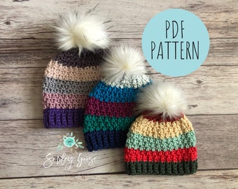 CROCHET BEANIE PATTERN: Gideon Beanie, Crochet Hat Pattern, Bulky Yarn Hat Pattern, Toddler Child & Adult Hat Sizes, Crochet Pattern