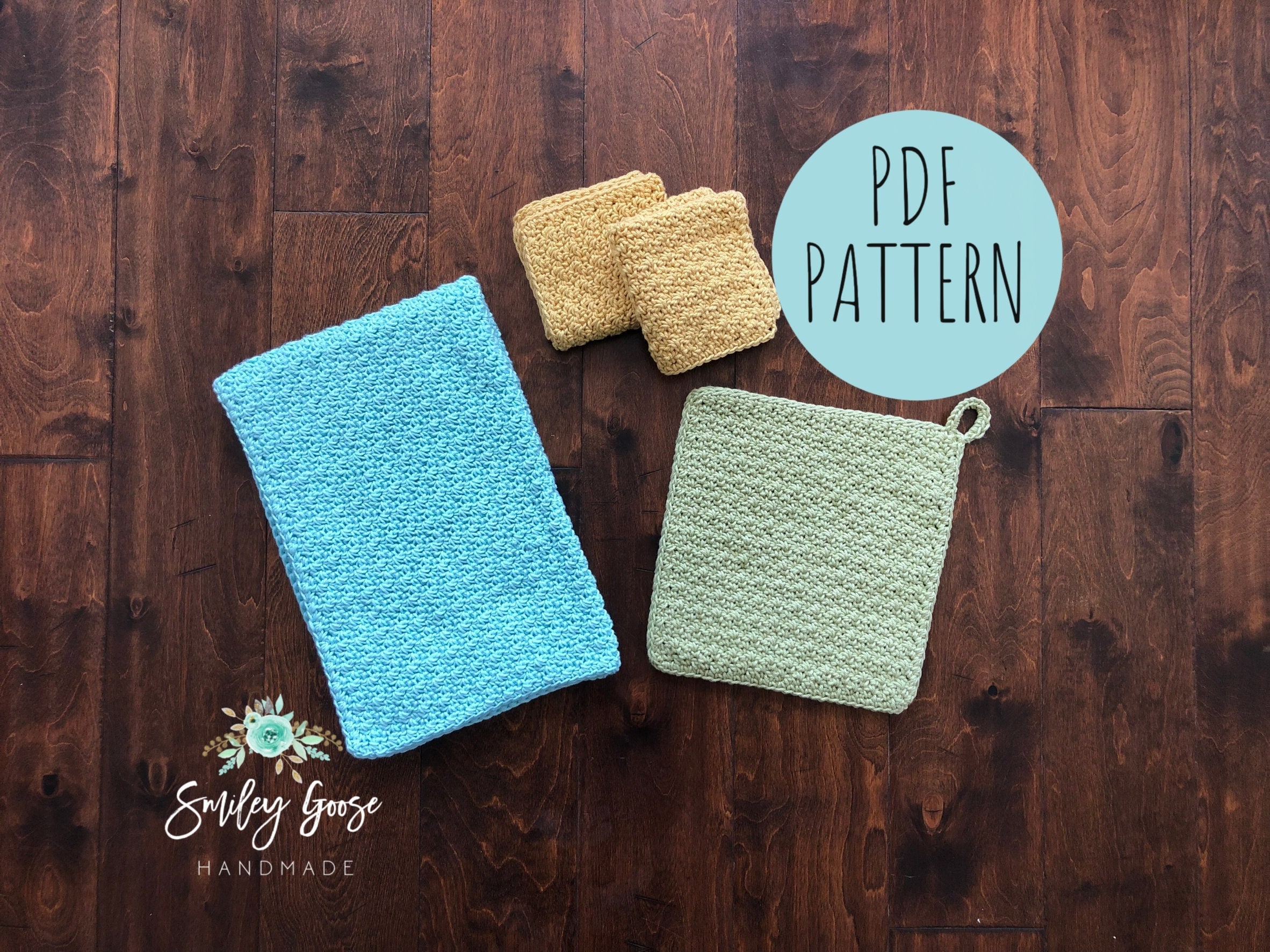CROCHET DISHCLOTH PATTERN: Etta Kitchen Set, Dishcloth Dish Towel Hot Pad Pattern, Easy Crochet Pattern, Washcloth Crochet Pattern