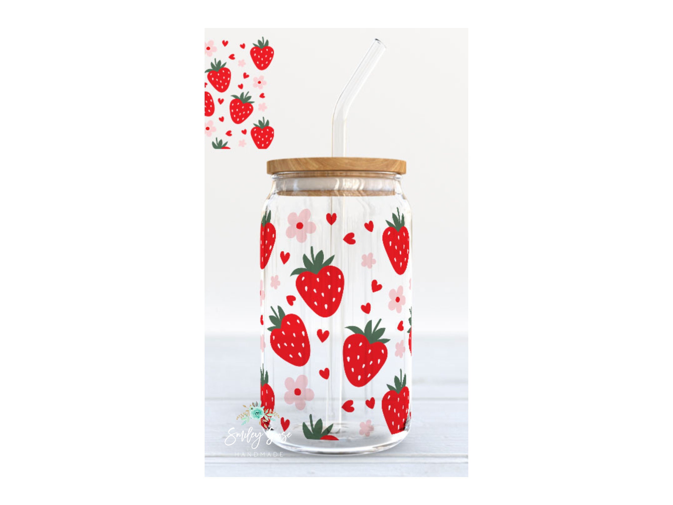Two Hand Painted Strawberry Mason Jar Style Drinking Glasses with Handles  Top shelf dishwasher safe