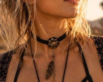 Flower Power Concho Choker on Leather with hanging features, adjustable back with charms. Necklace