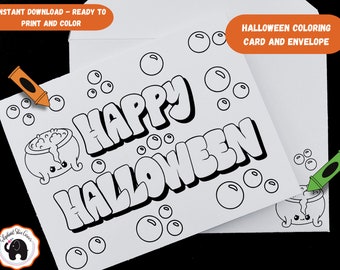 Printable Halloween Coloring Card and Matching Envelope | Colorable Halloween Card | DIY Card Making | DIY Greeting Card | Cauldron card
