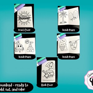May include: A printable summer-themed mini book for children to colour. The front cover features the text "hello summer" in a sun. The inside pages feature images of a sandcastle, ice cream, a popsicle, a palm tree, a monster, and a glass of lemonade. The back cover features a bucket and shovel with an umbrella.