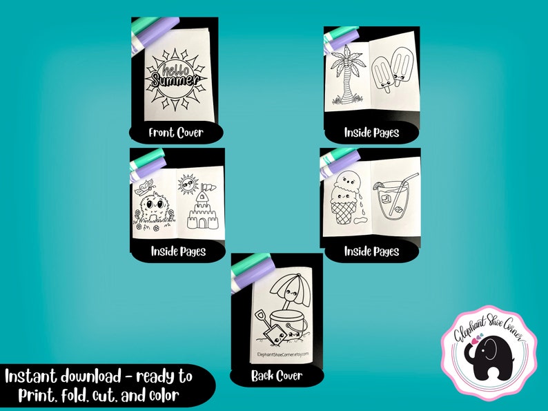 May include: A printable summer-themed mini book for children to colour. The front cover features the text "hello summer" in a sun. The inside pages feature images of a sandcastle, ice cream, a popsicle, a palm tree, a monster, and a glass of lemonade. The back cover features a bucket and shovel with an umbrella.