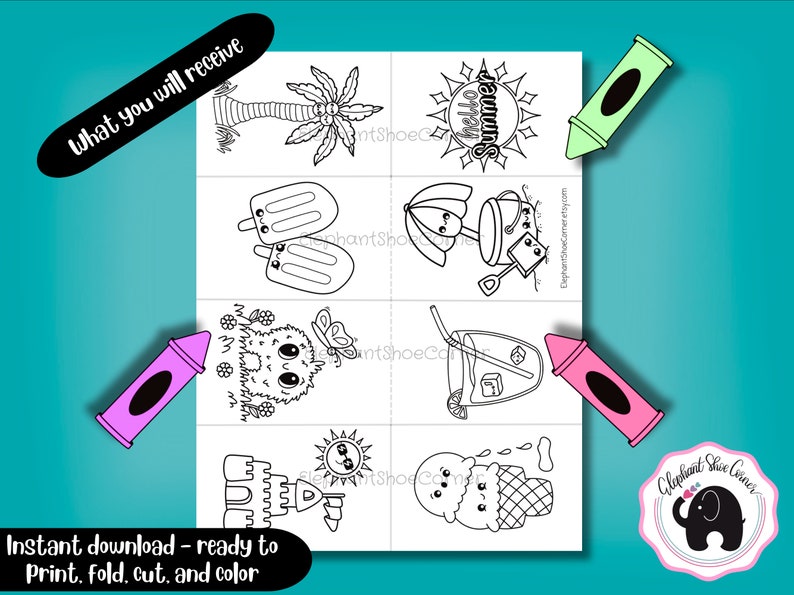 May include: A set of six printable colouring pages featuring summer-themed illustrations. The illustrations include a palm tree, popsicles, a bucket and spade, a glass of lemonade, a sandcastle, and an ice cream cone. Each illustration is outlined in black and ready to be coloured.