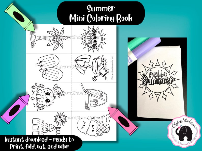 Summer Mini Coloring Book contains 8 hand drawn illustrations. Including cute popsicles, ice cream, lemonade, a sand castle, and more. These are all hand drawn illustrations.