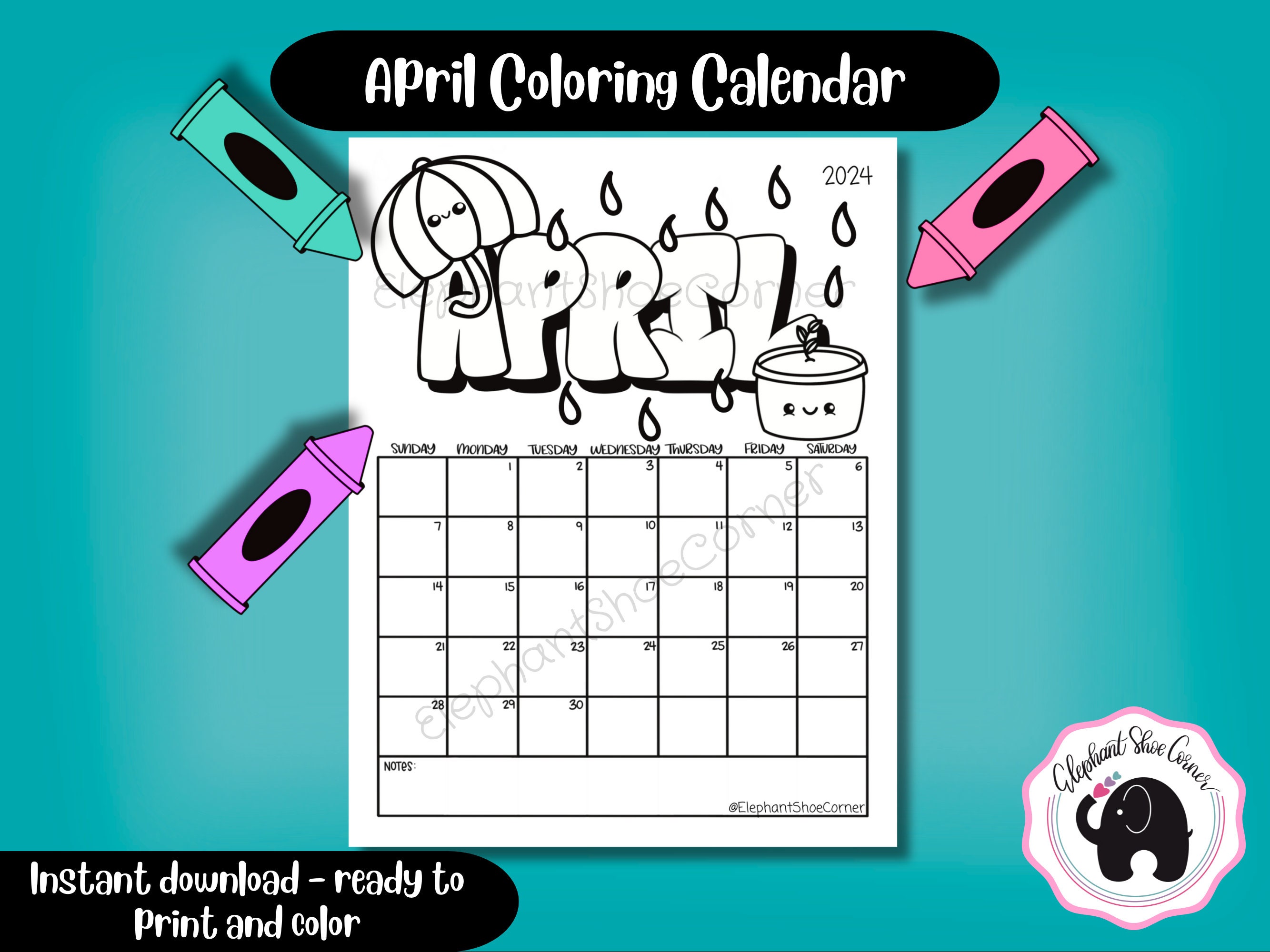 Printable April 2024 Calendar Coloring Calendar Printable Kids Calendar ...
