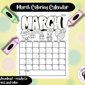 March Coloring Calendar with hand drawn illustrations including a St. Patricks Day gnome, a rainbow with a pot of gold, an Easter bunny, and Easter eggs.