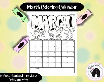 Printable March 2024 Calendar | Coloring Calendar | Printable Kids Calendar| Cute March Printable | Cute Calendar | March Activities