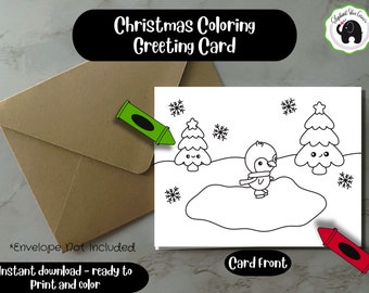 Christmas Coloring Card | Colorable Christmas Card | Printable Christmas Card | DIY Card Making | DIY Greeting Card | Kawaii | Winter Card