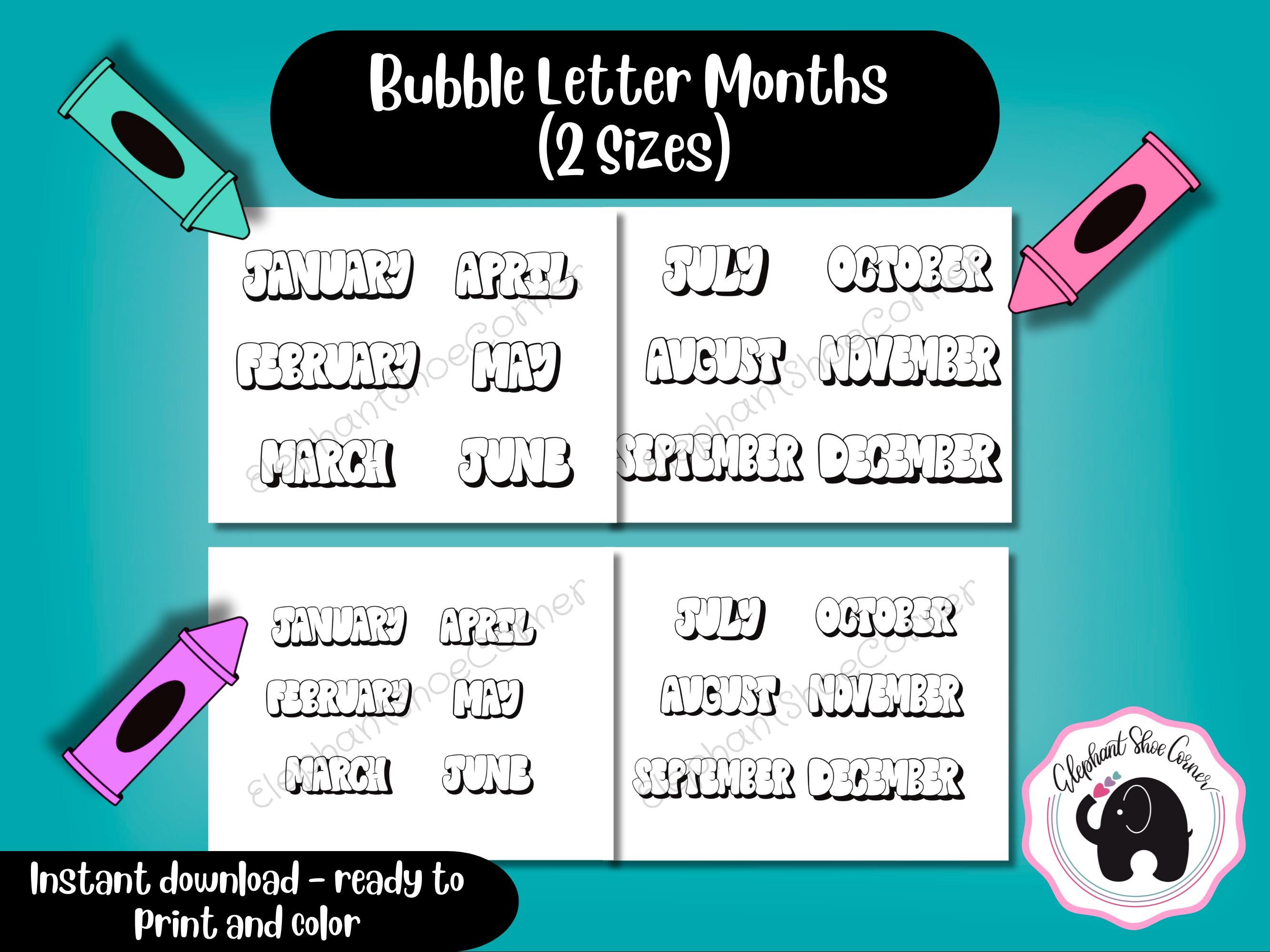Month Code Letter Printable Bubble Letter Months: DIY Calendar Coloring (PDF) - Etsy